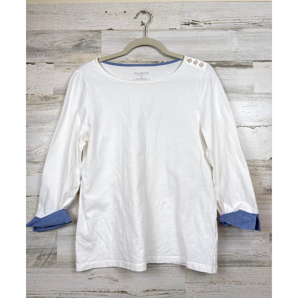 Talbots Womens M Petite White Blue Nautical Cuff Button 3/4 Sleeve Blouse